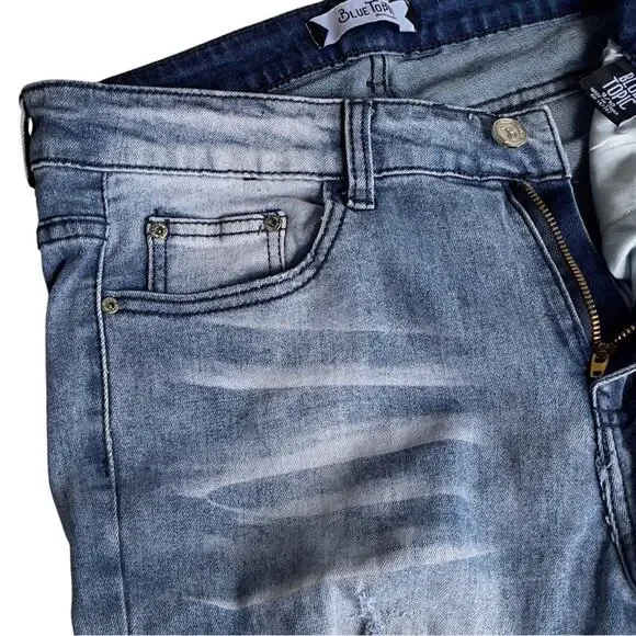 Blue Topic Rhinestone Studded Patch Distressed Denim Jeans Y2K Style - Size 9/10 - Picture 12 of 16